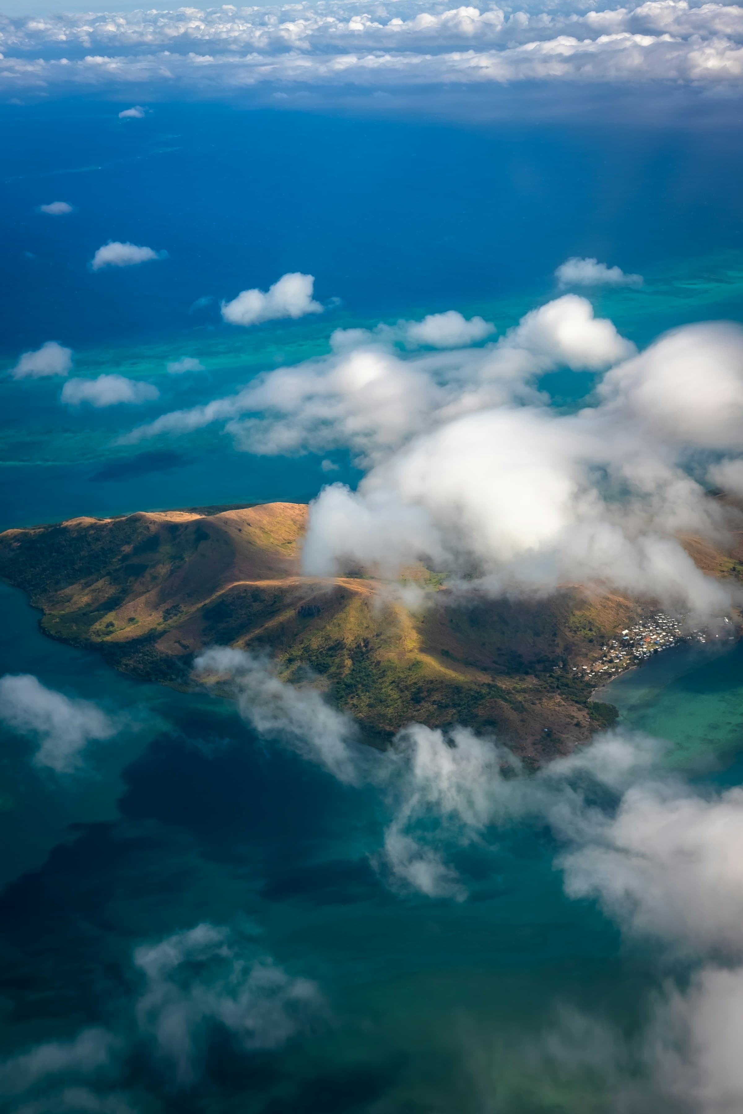 Makogai Island and the Pacific Ocean seen from a flight over Fiji